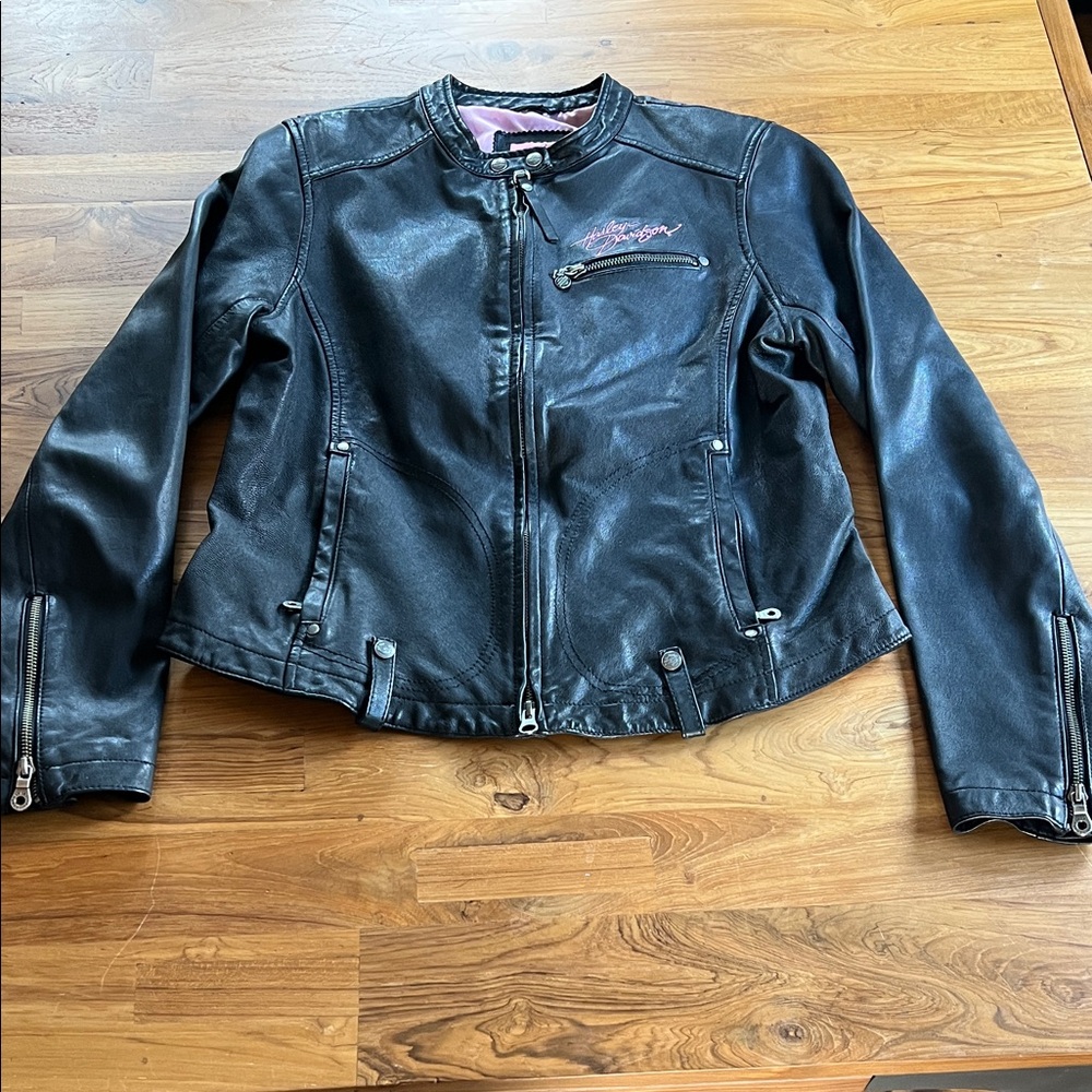 Harley-Davidson Black Leather Jacket with Pink Accent Embroidery
